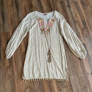 Skemo Beige and Coral Beaded Long Sleeve Dress